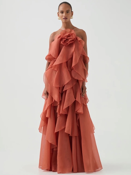 Aje Pandorea Layered Maxi Dress Coral Clay